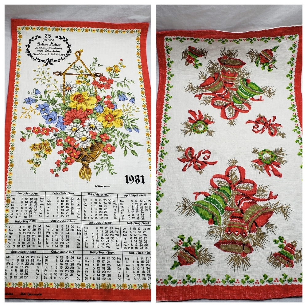 Two Vintage Tea Towel Germany Summer and Christmas Winter Holidays